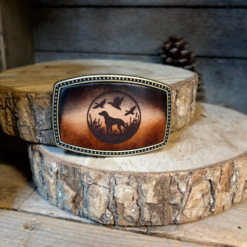 Leather Belt Buckle | Duck Dog with Flying Ducks | Hand Dyed | Personalized Option