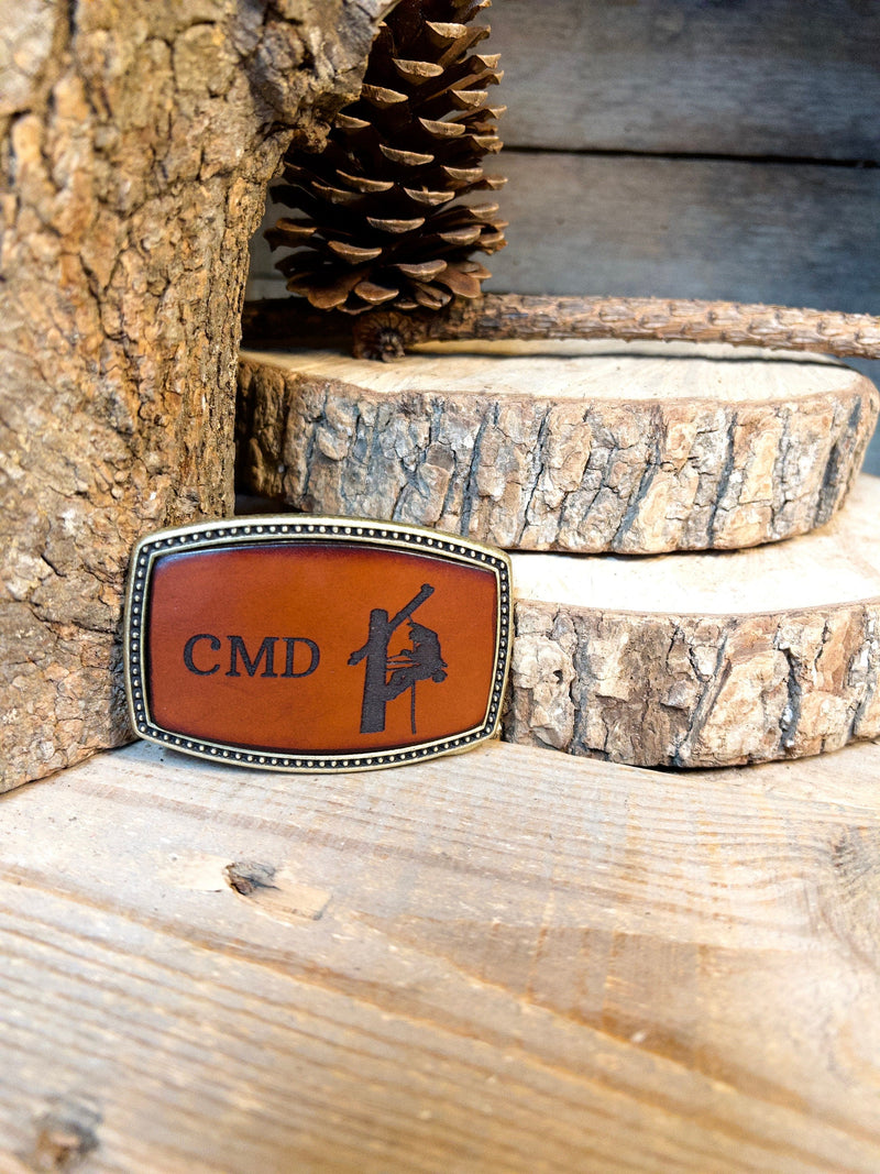 Leather Belt Buckle | Lineman on Pole | Personalized Option