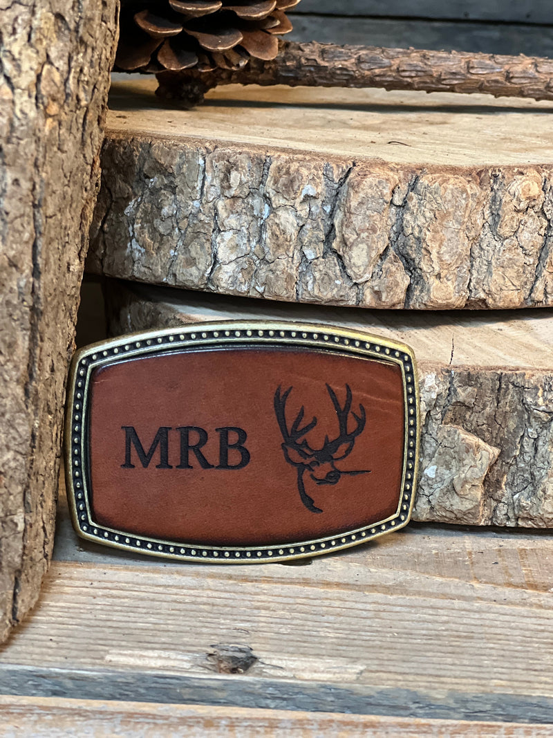 Leather Belt Buckle | Deer Head with Antlers | Personalized Option