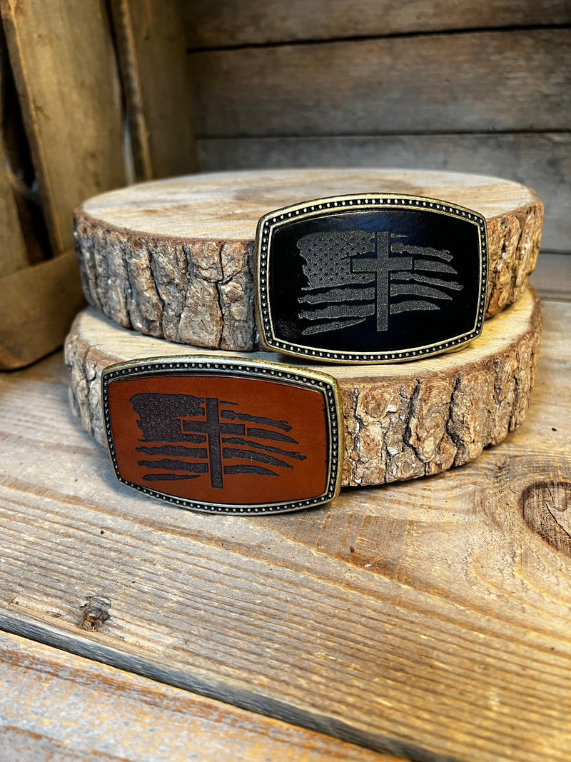 Leather Belt Buckle | American Flag with Cross