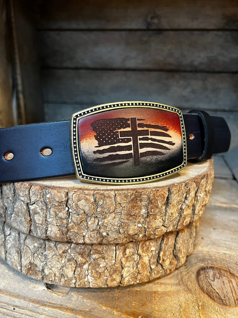 Belt Buckle with American Flag with Cross Leather Belt Buckle