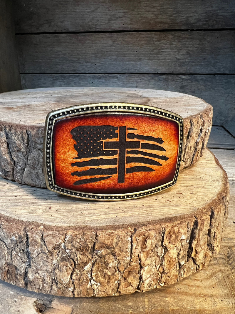 Belt Buckle with American Flag with Cross Leather Belt Buckle