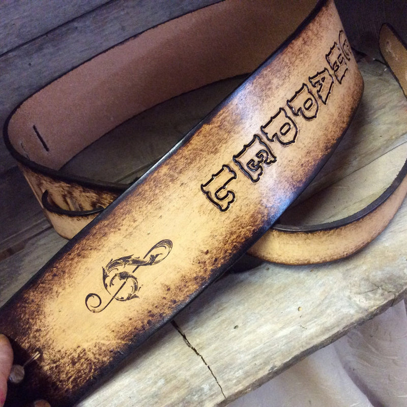 Extra long-Leather Guitar strap in a beautiful two-tone natural-dark brown with Bass clef Great personalized gift