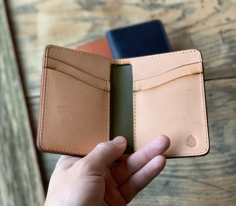 Vertical Leather Card Wallet in Olive - M & W Leather